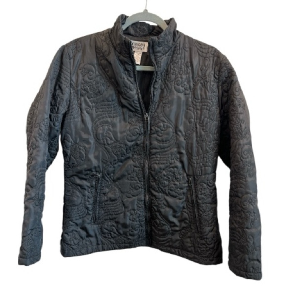 Vintage Boho Chico’s Design Black Quilted Embroidered Zip Jacket Size 1 M/L - Picture 1 of 6
